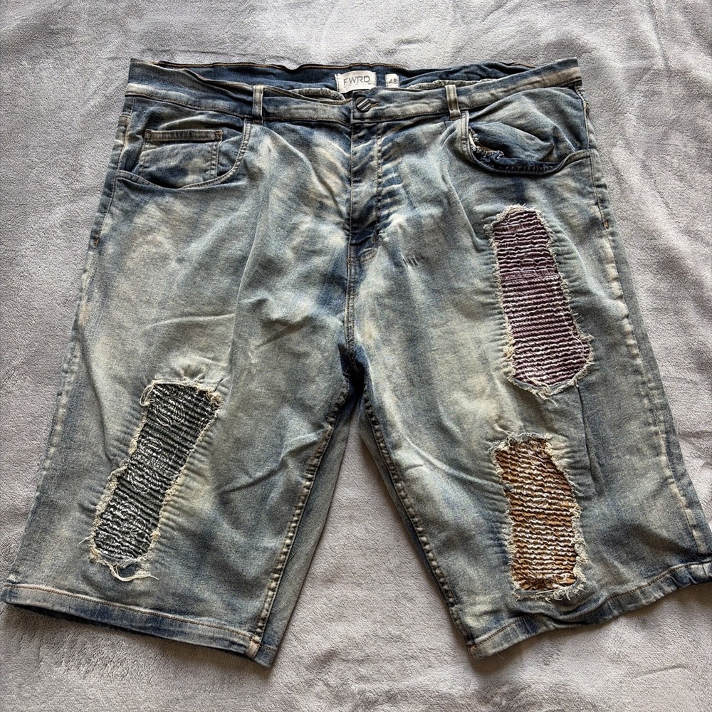 FWRD‎ Denim Biker Jean Shorts Men's Size 46 Blue Distressed Streetwear